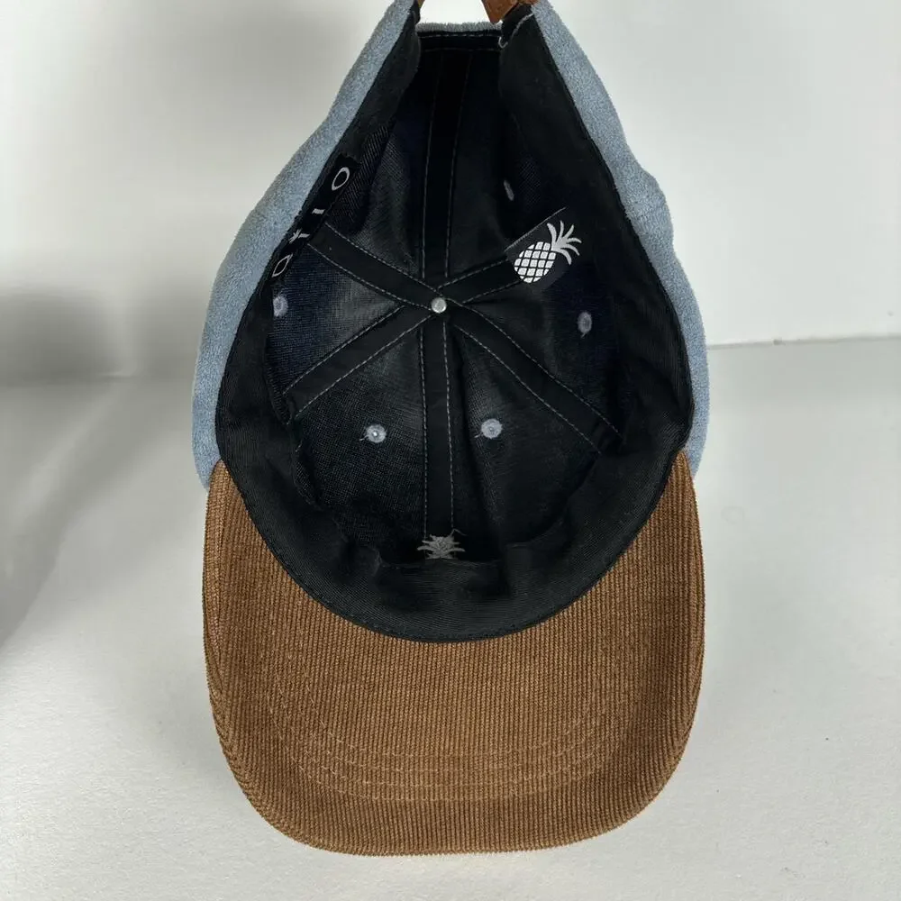 Qilo Pineapple logo suede 5 Panel Adjustable Strapback Hat Blue Brown Dad Cap